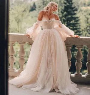 NumberSea Wedding Dress Ball Gowns Long Puff Sleeve Champagne Off Shoulder Brilliant Brdal Gowns robe de mariée bohème vestidos de novia