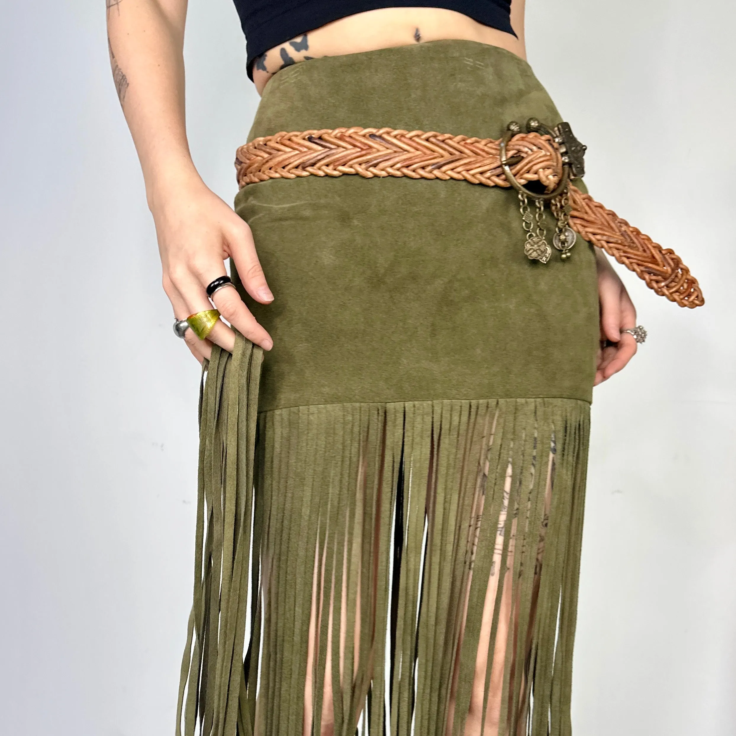 Olive Genuine Suede Fringe Maxi Skirt (S)
