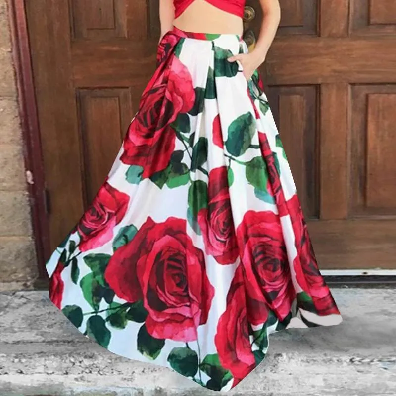 Oversized Floral Rose Bohemian Big Swing Flared High Waist Maxi Skirt to 5X Plus Size