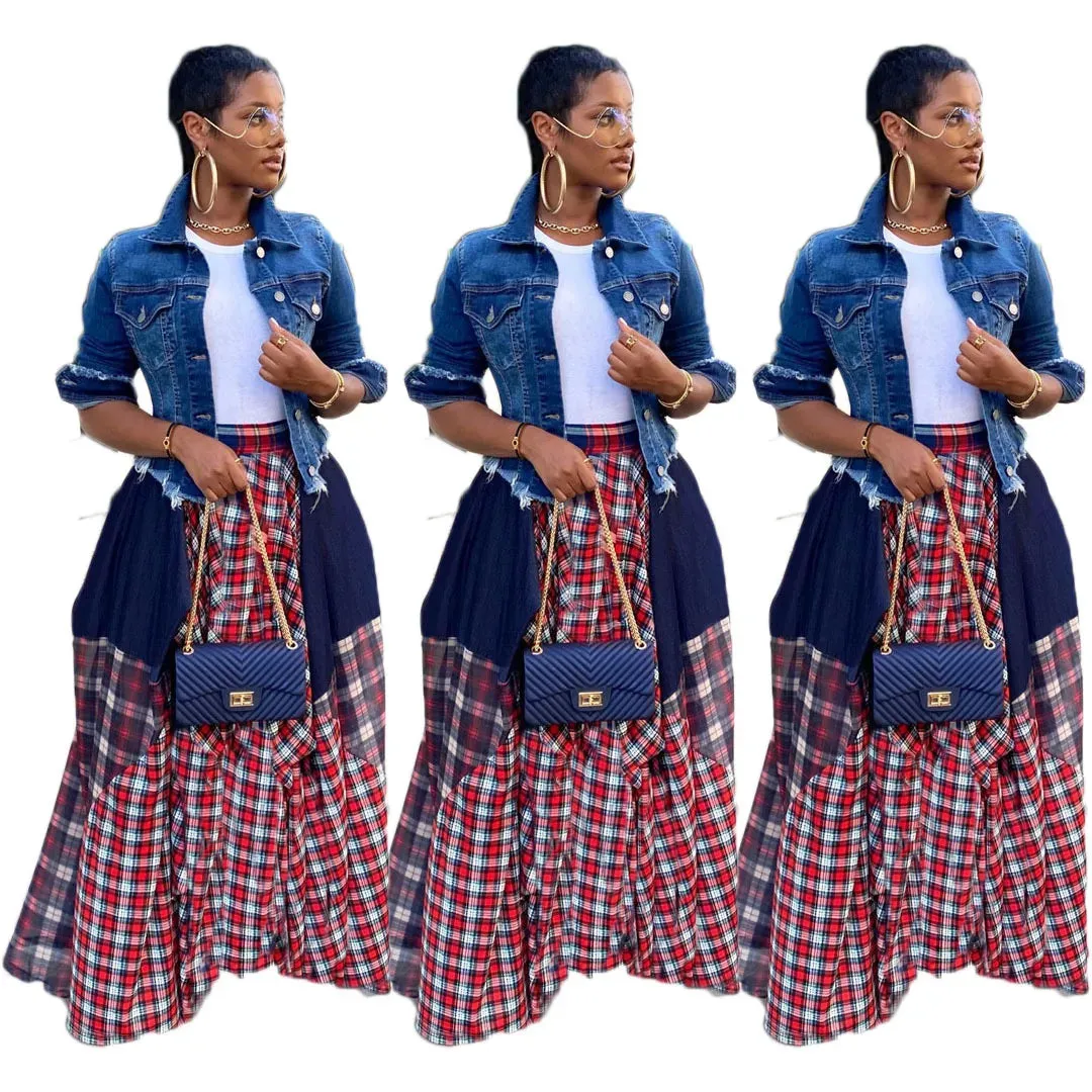 Plaid Patchwork Asymmetrical Big Swing Floor Length Skirt
