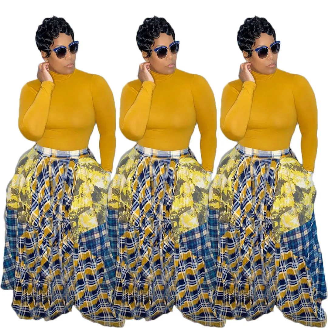 Plaid Patchwork Asymmetrical Big Swing Floor Length Skirt