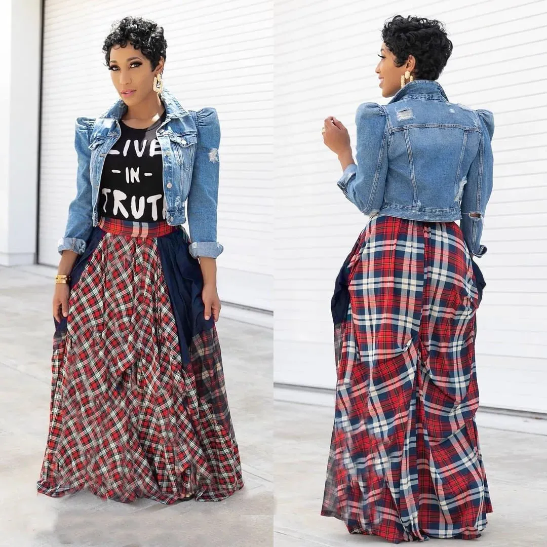 Plaid Patchwork Asymmetrical Big Swing Floor Length Skirt