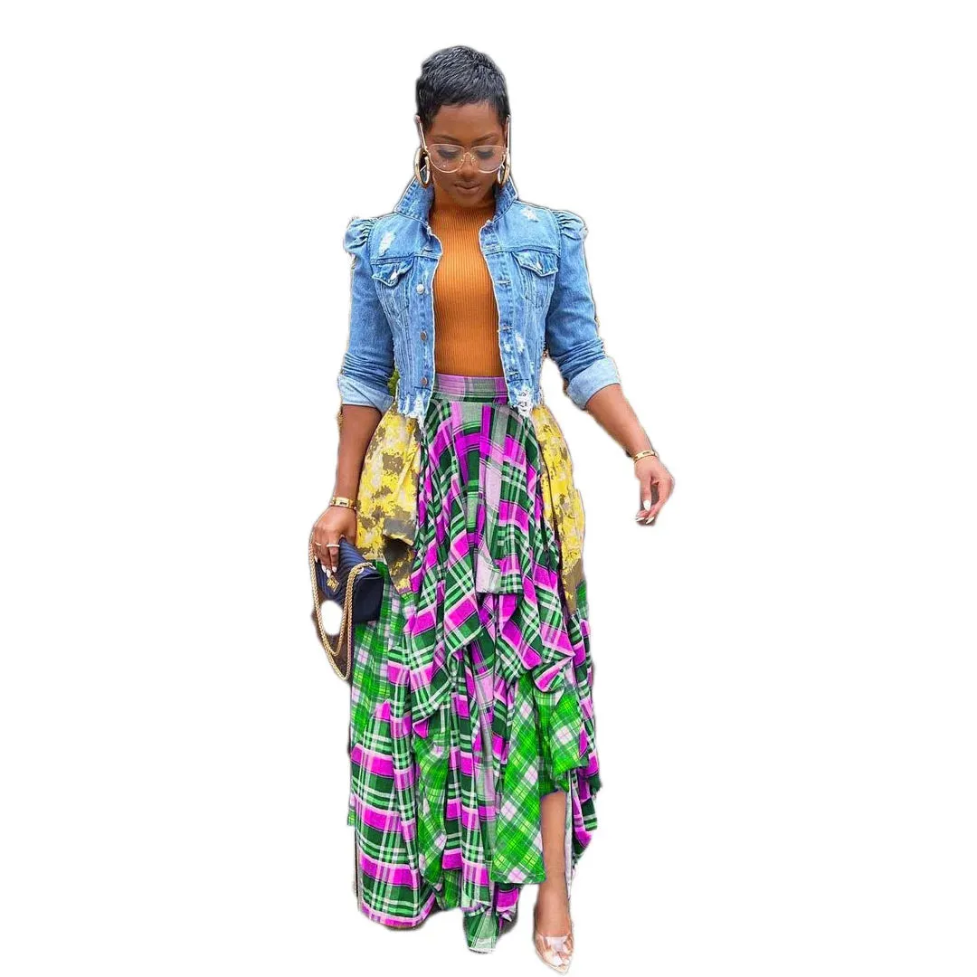 Plaid Patchwork Asymmetrical Big Swing Floor Length Skirt