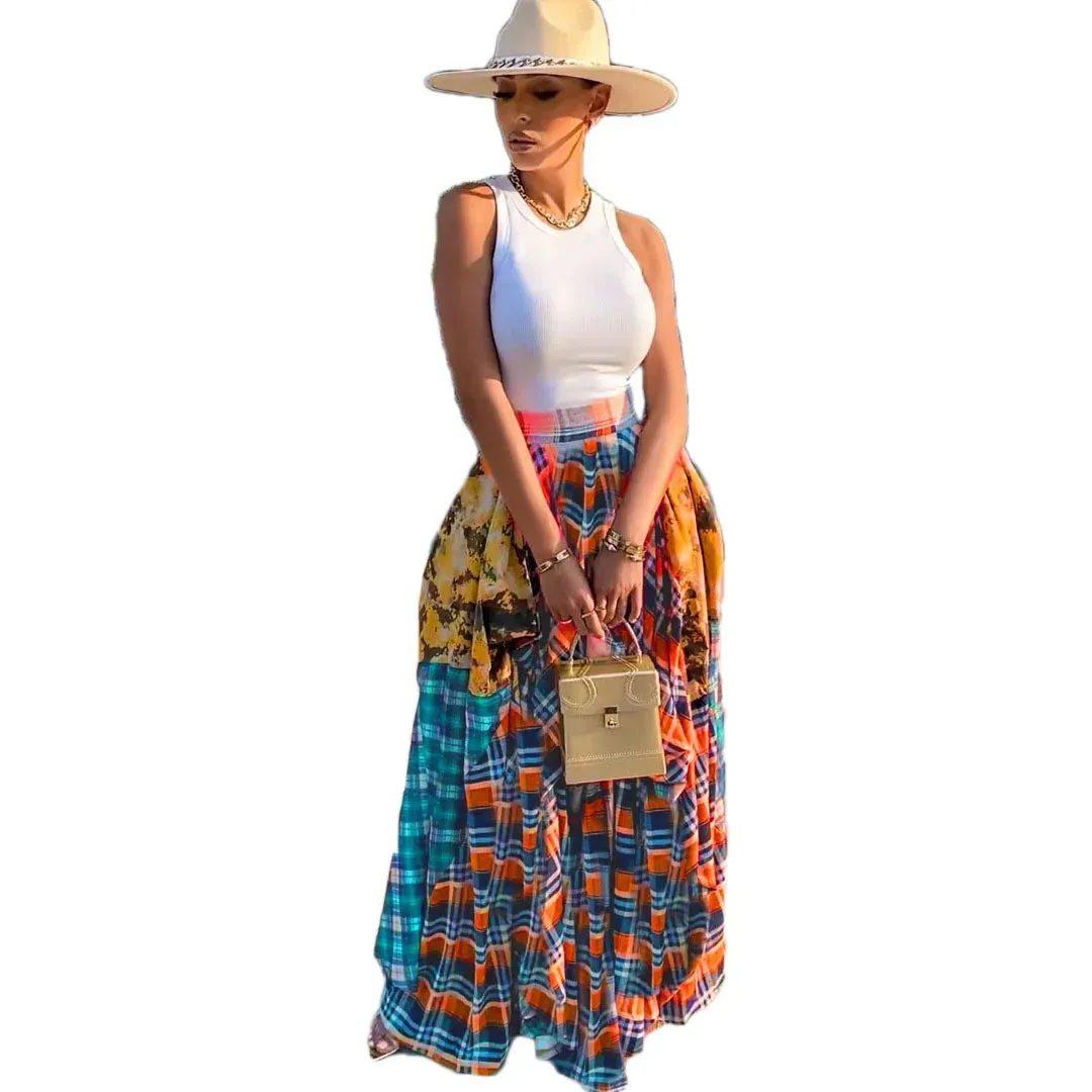 Plaid Patchwork Asymmetrical Big Swing Floor Length Skirt