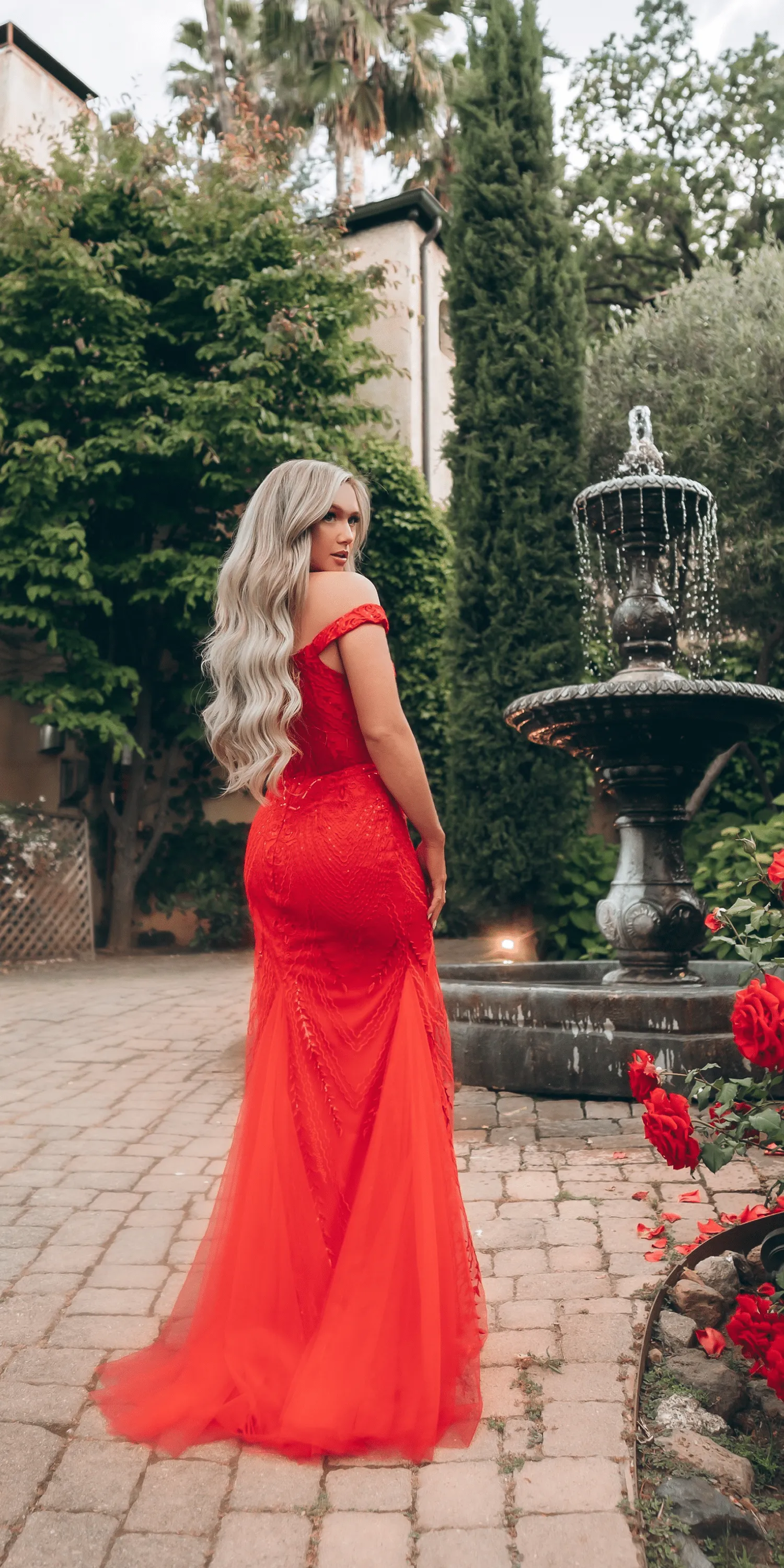 Plunging Embroidered Off the Shoulder Trumpet Dress with Mesh Godets