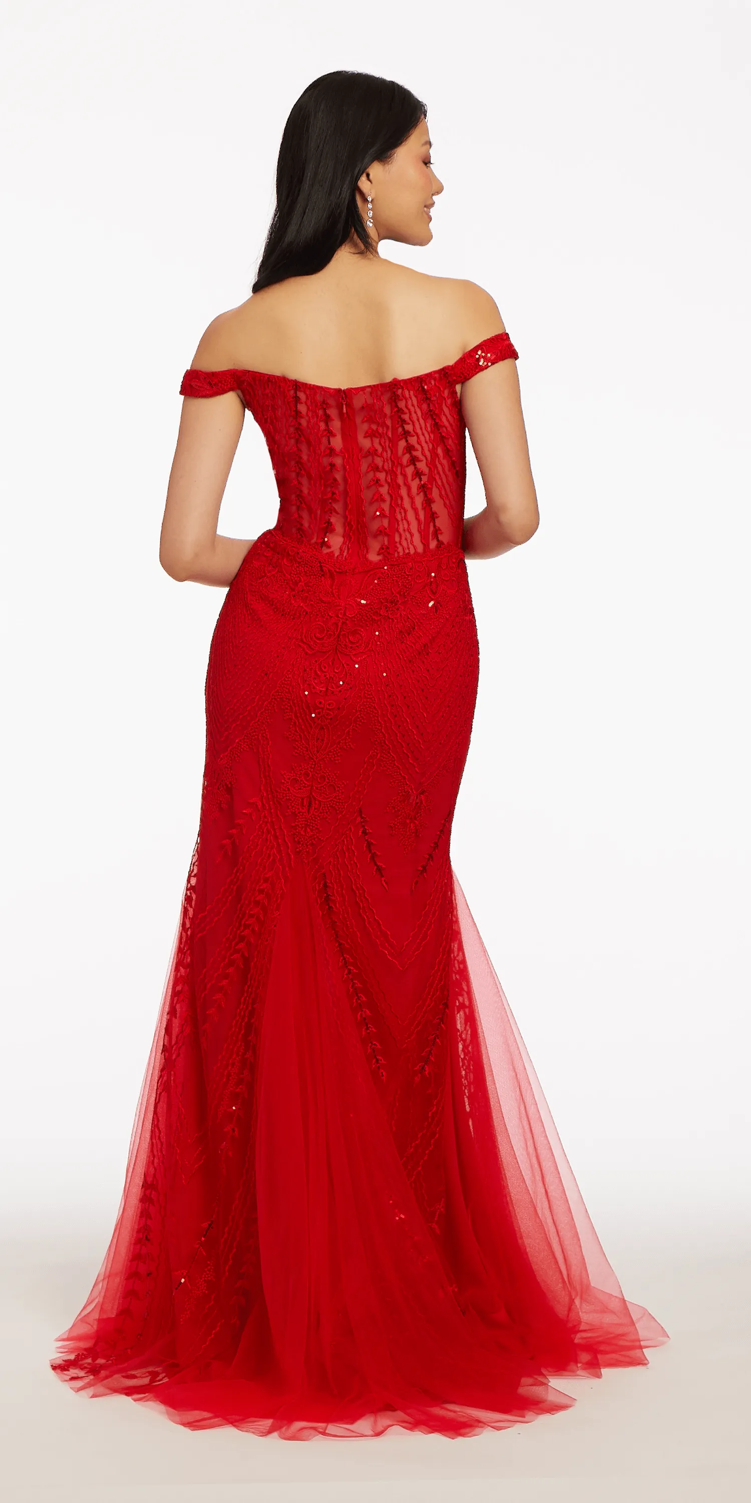 Plunging Embroidered Off the Shoulder Trumpet Dress with Mesh Godets