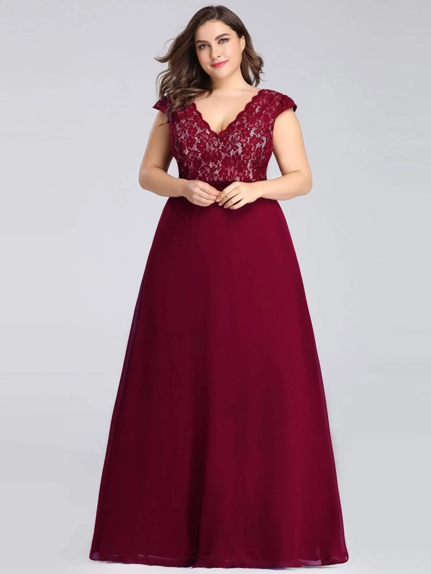 Plus Size Evening Gowns for Women with Lace Cap Sleeves