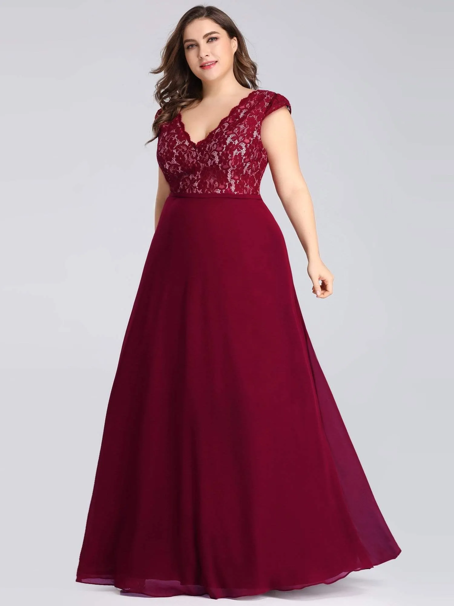 Plus Size Evening Gowns for Women with Lace Cap Sleeves