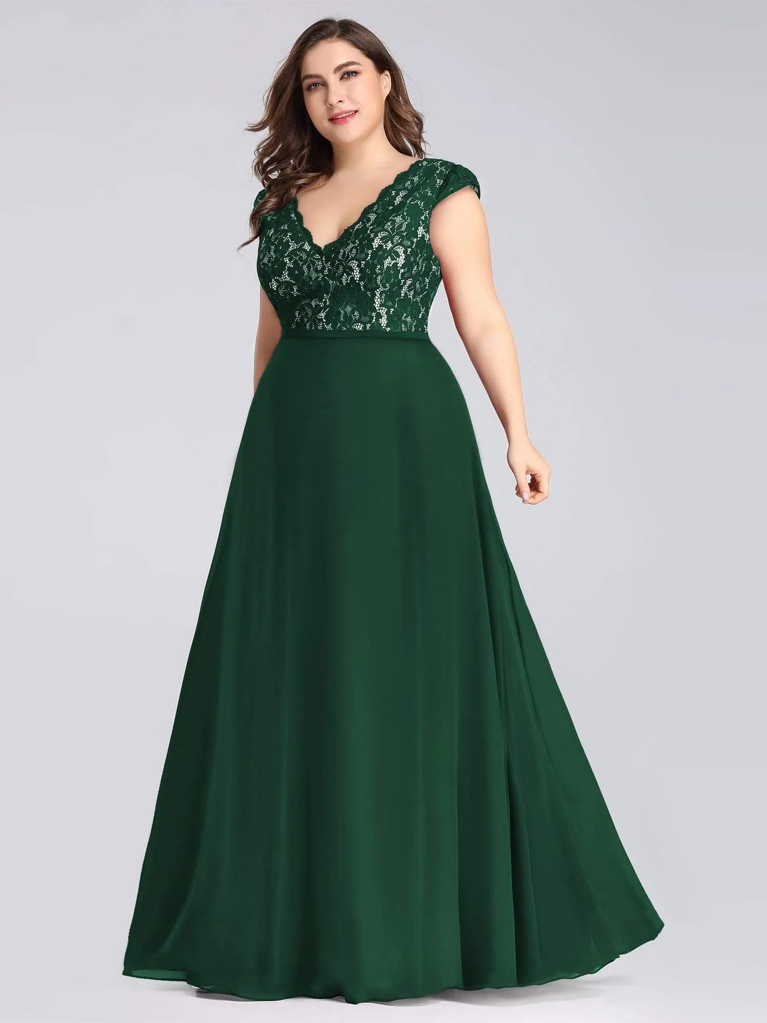 Plus Size Evening Gowns for Women with Lace Cap Sleeves