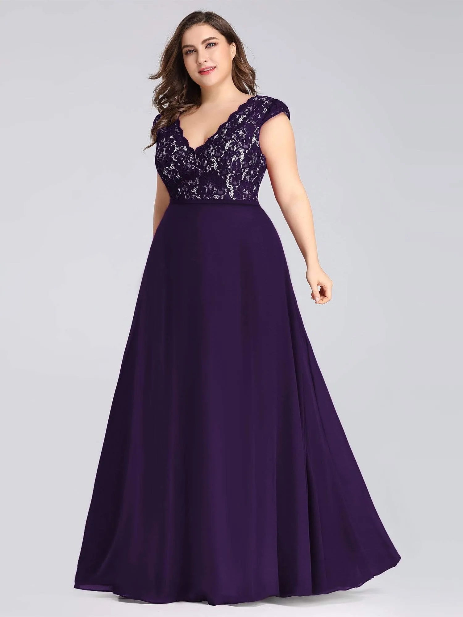 Plus Size Evening Gowns for Women with Lace Cap Sleeves