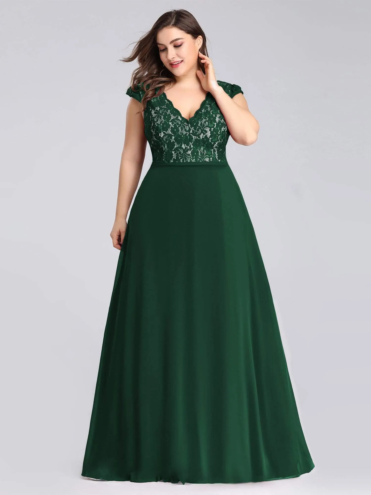Plus Size Evening Gowns for Women with Lace Cap Sleeves