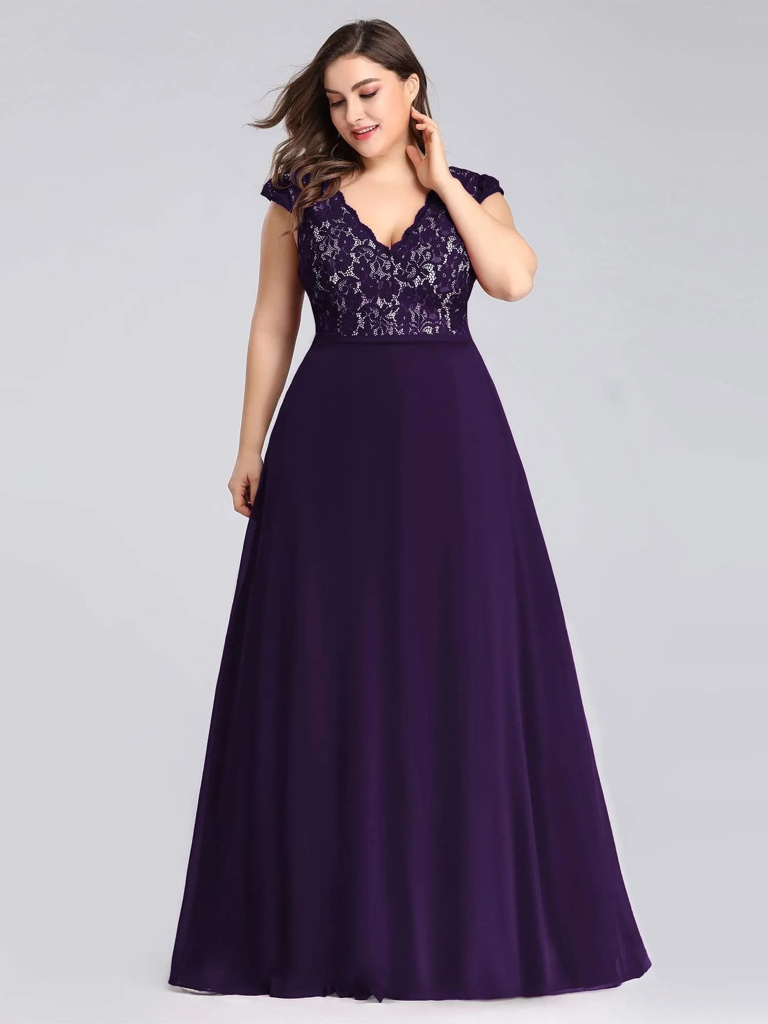 Plus Size Evening Gowns for Women with Lace Cap Sleeves