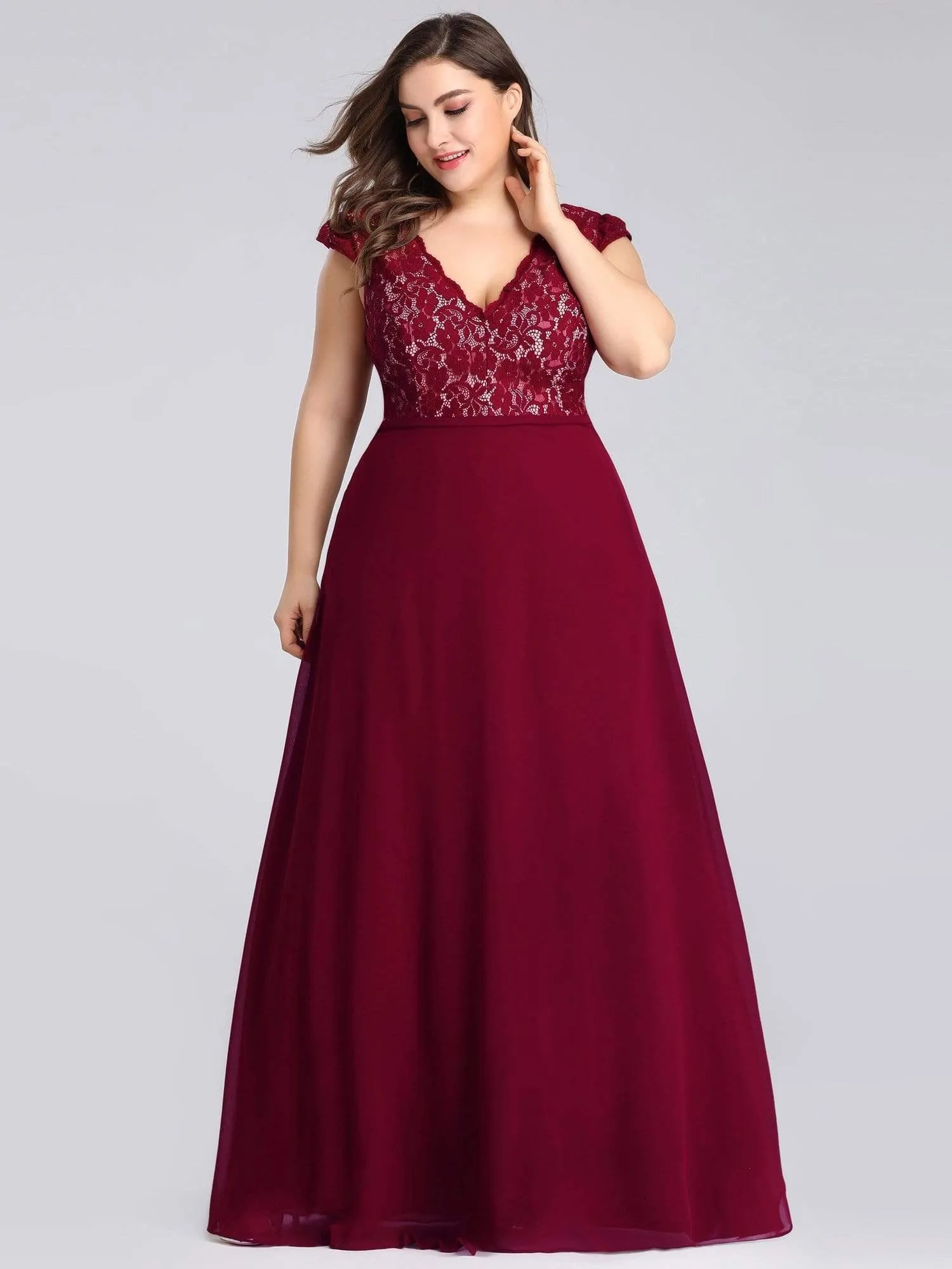 Plus Size Evening Gowns for Women with Lace Cap Sleeves