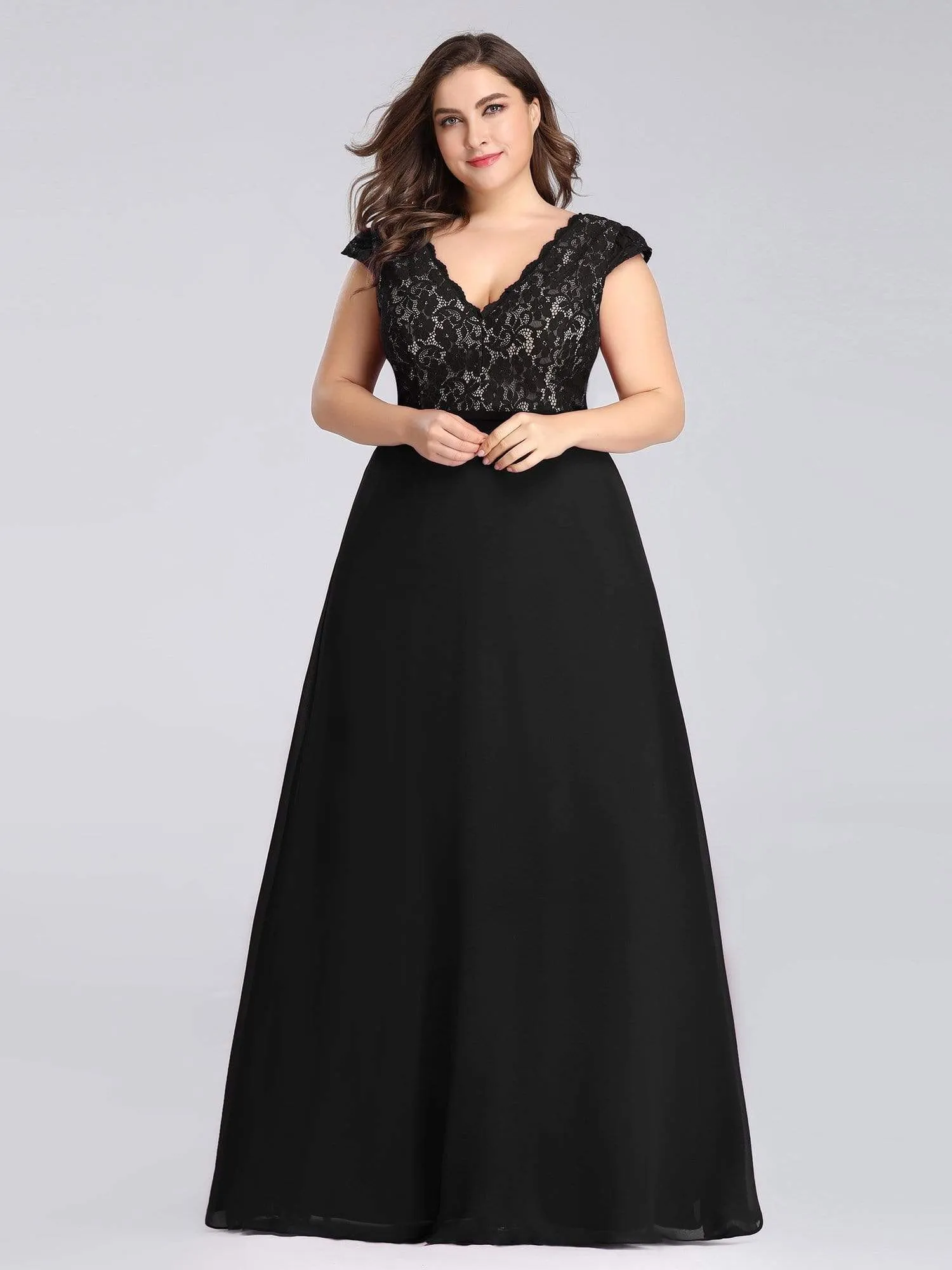 Plus Size Evening Gowns for Women with Lace Cap Sleeves