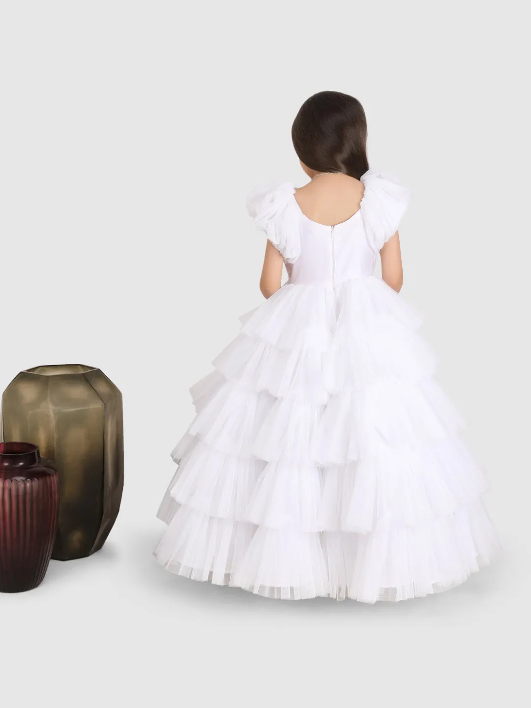 Pre-Order: Sequance Torso Flaired Gown with puff sleeve -White