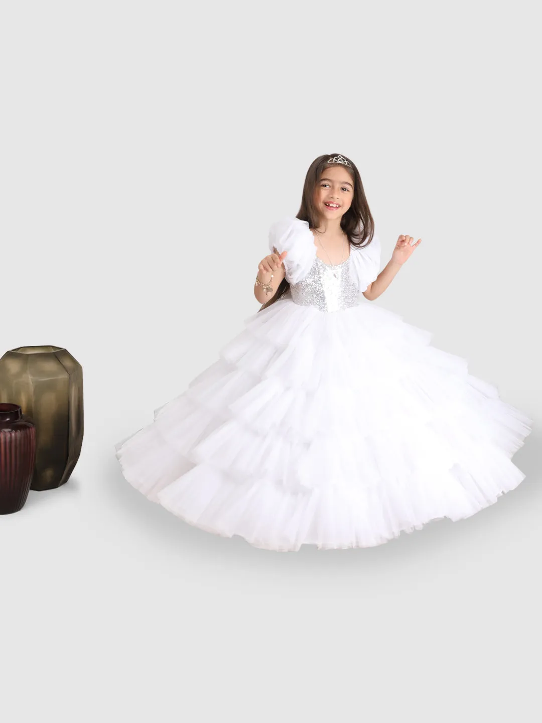 Pre-Order: Sequance Torso Flaired Gown with puff sleeve -White