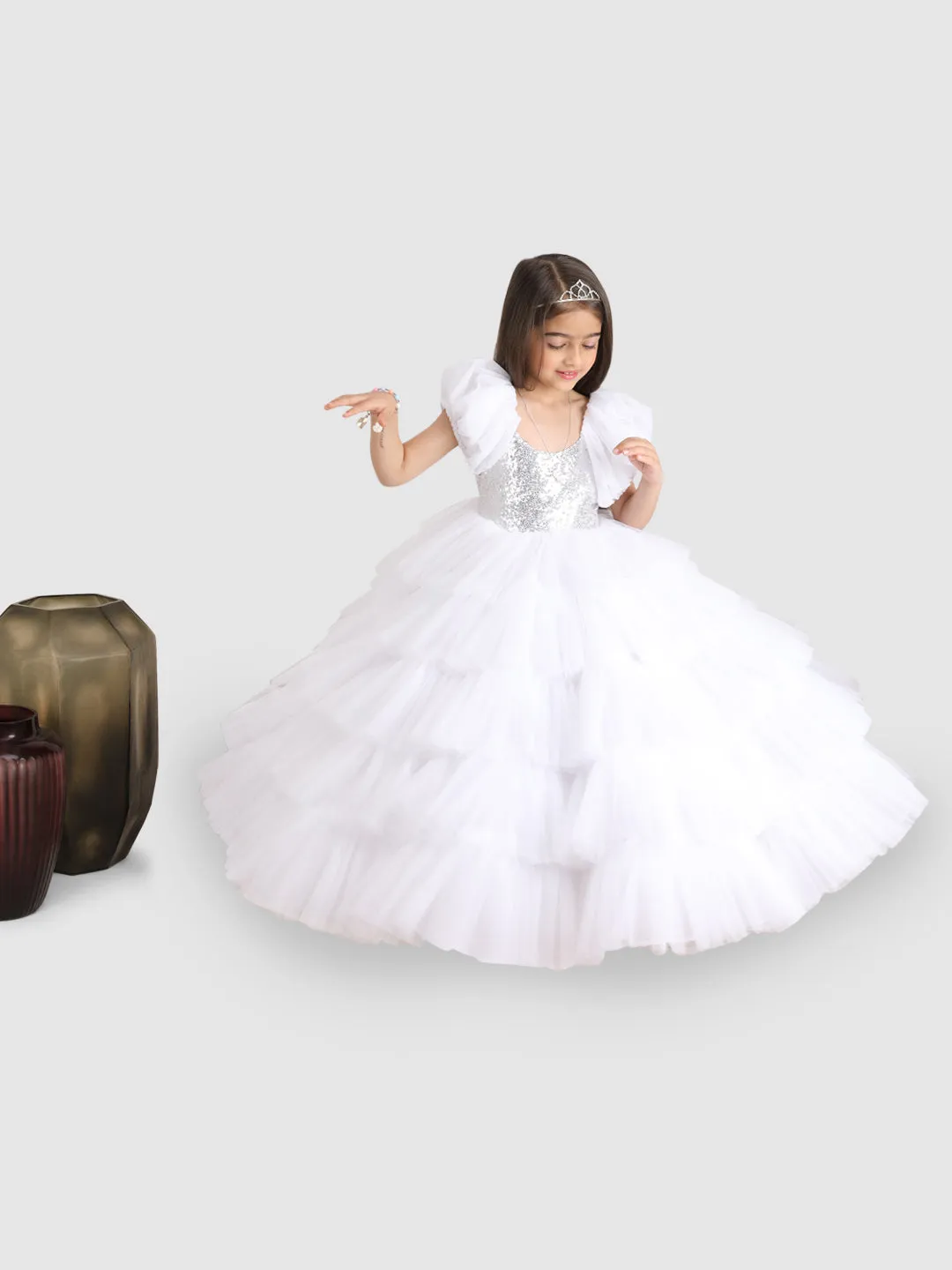 Pre-Order: Sequance Torso Flaired Gown with puff sleeve -White