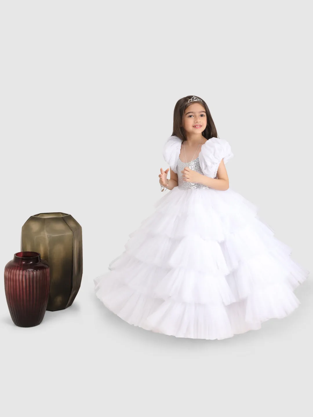 Pre-Order: Sequance Torso Flaired Gown with puff sleeve -White