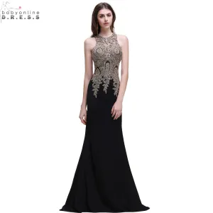 Robe de Soiree Longue Cheap Black Lace Mermaid Long Evening Dress  Sexy Sheer Appliques Embroidery Evening Party Dresses