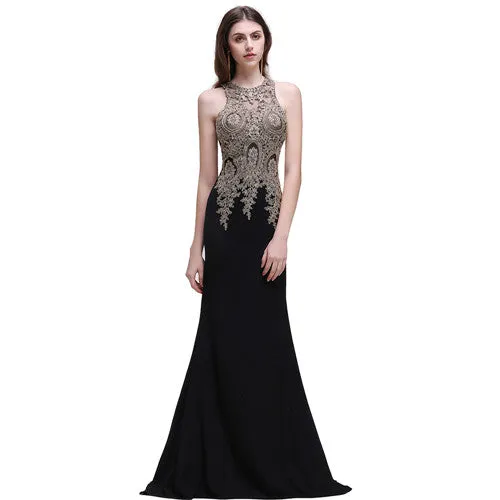 Robe de Soiree Longue Cheap Black Lace Mermaid Long Evening Dress  Sexy Sheer Appliques Embroidery Evening Party Dresses
