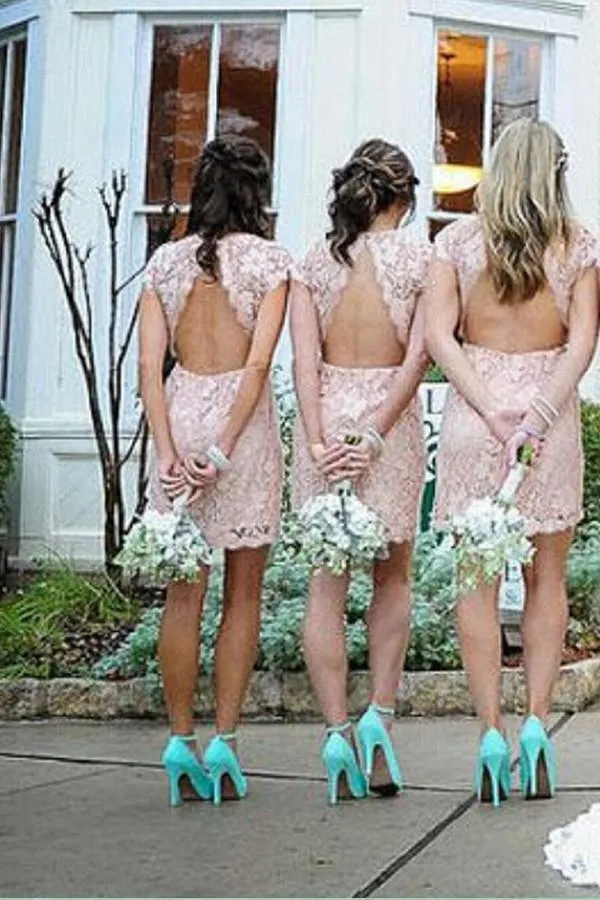 Sheath Crew Short Cap Sleeves Pink Lace Bridesmaid Dress TY0024