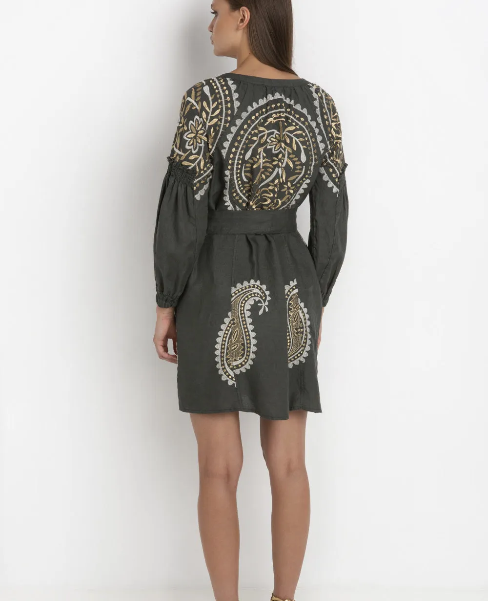 SHORT LINEN DRESS "PAISLEY" KHAKI/WHITE/GOLD