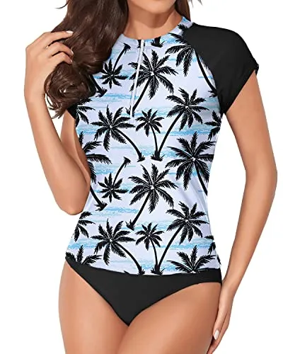 Short Sleeve Swimwear With Cap Sleeves And Half Front Zipper-Black Palm Tree