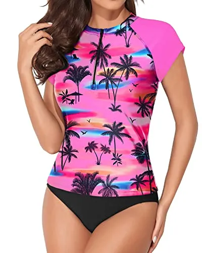 Short Sleeve Two Piece Zipper Swimsuit For Women-Pink Palm