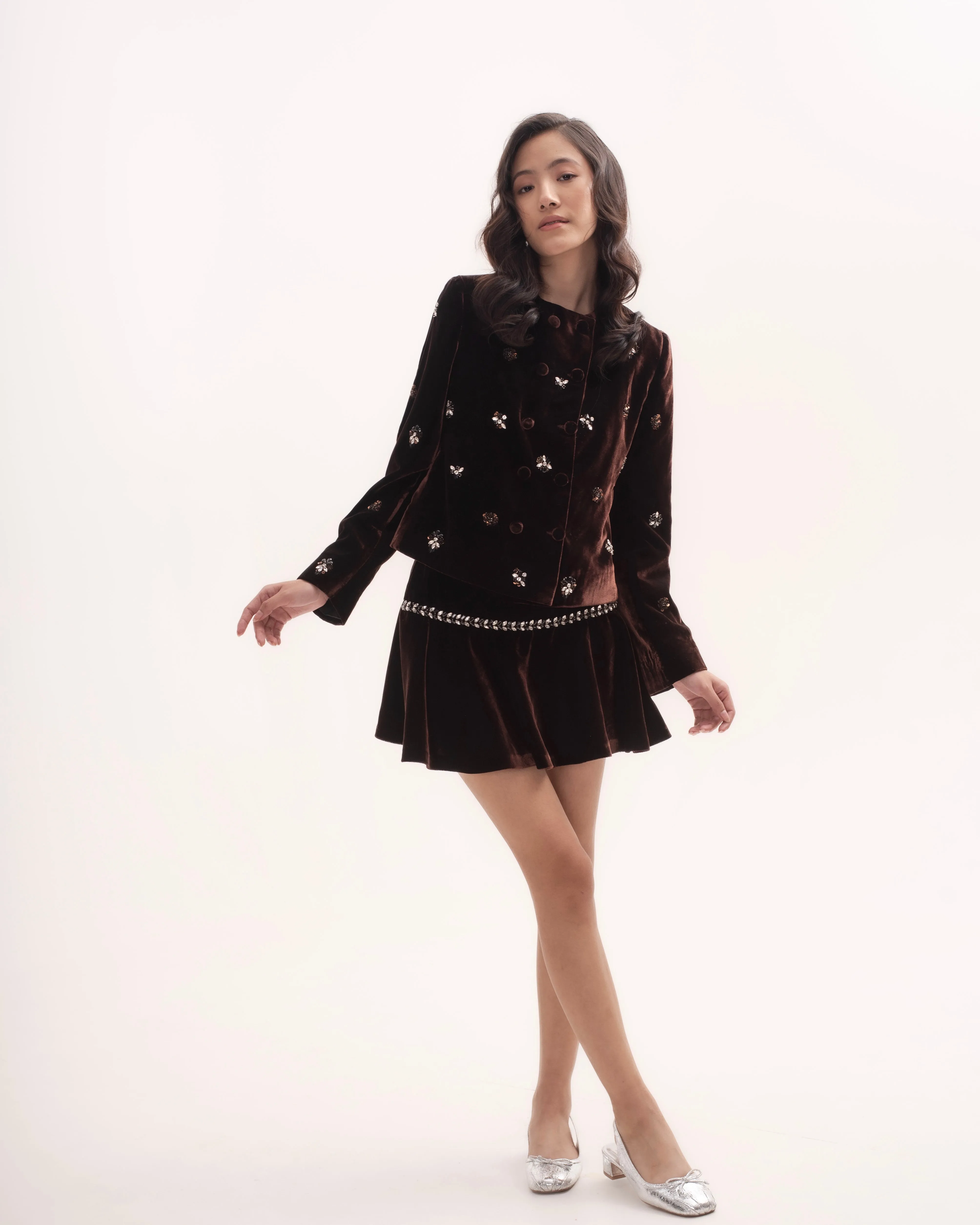 Silk-velvet double breasted jacket with embellishing