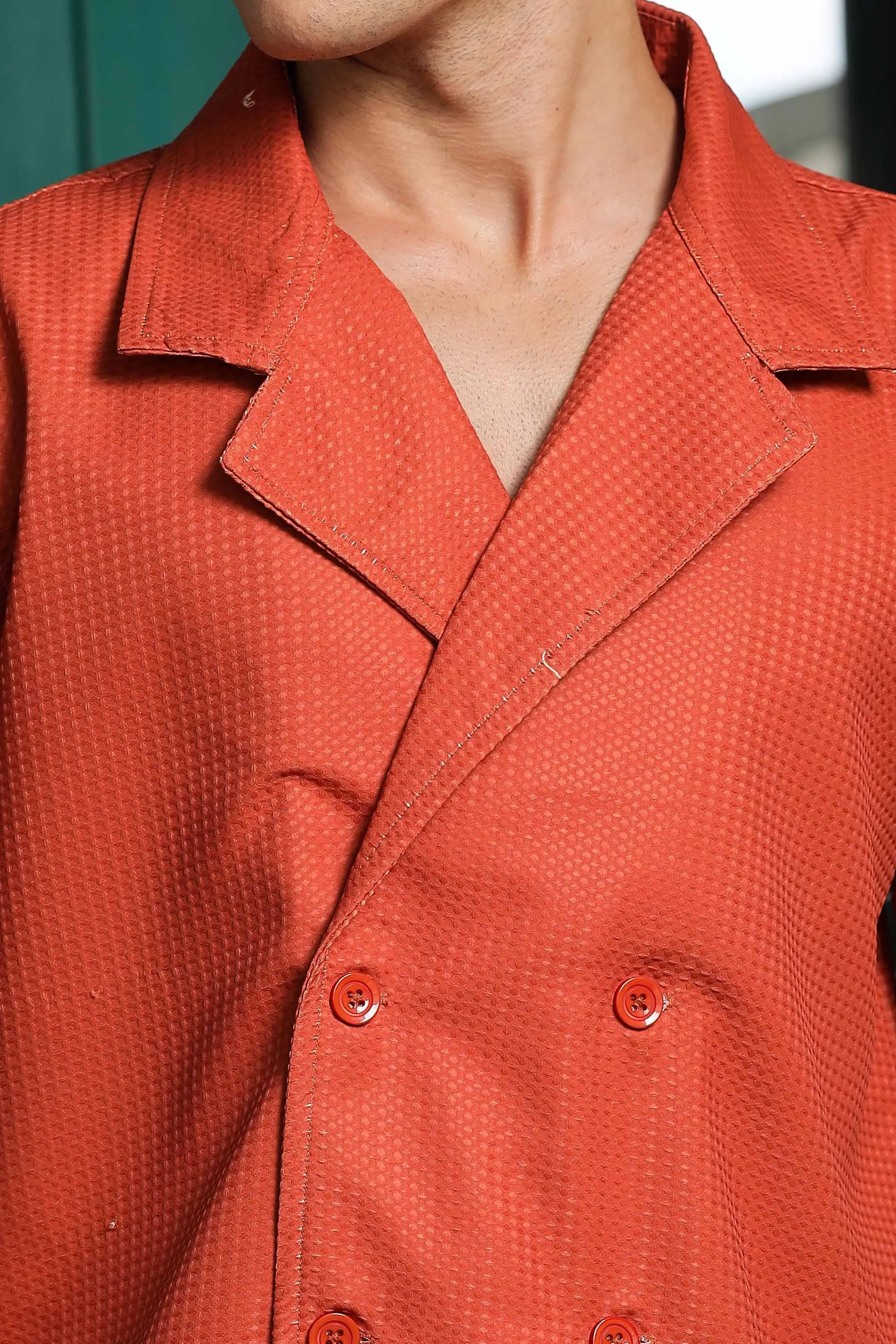 Textured Rust Korean Notched Lapel Collar Resort Shirt