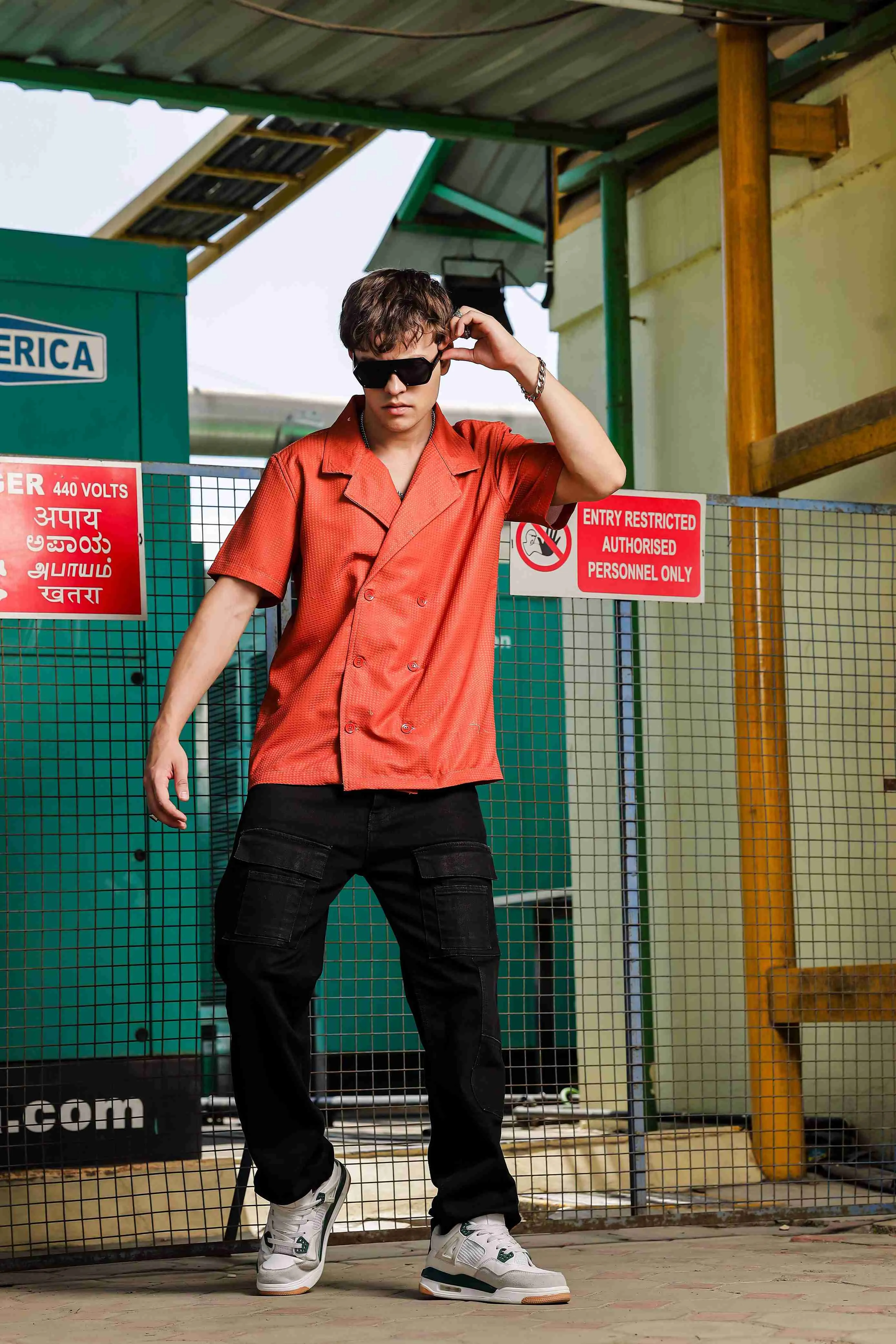 Textured Rust Korean Notched Lapel Collar Resort Shirt