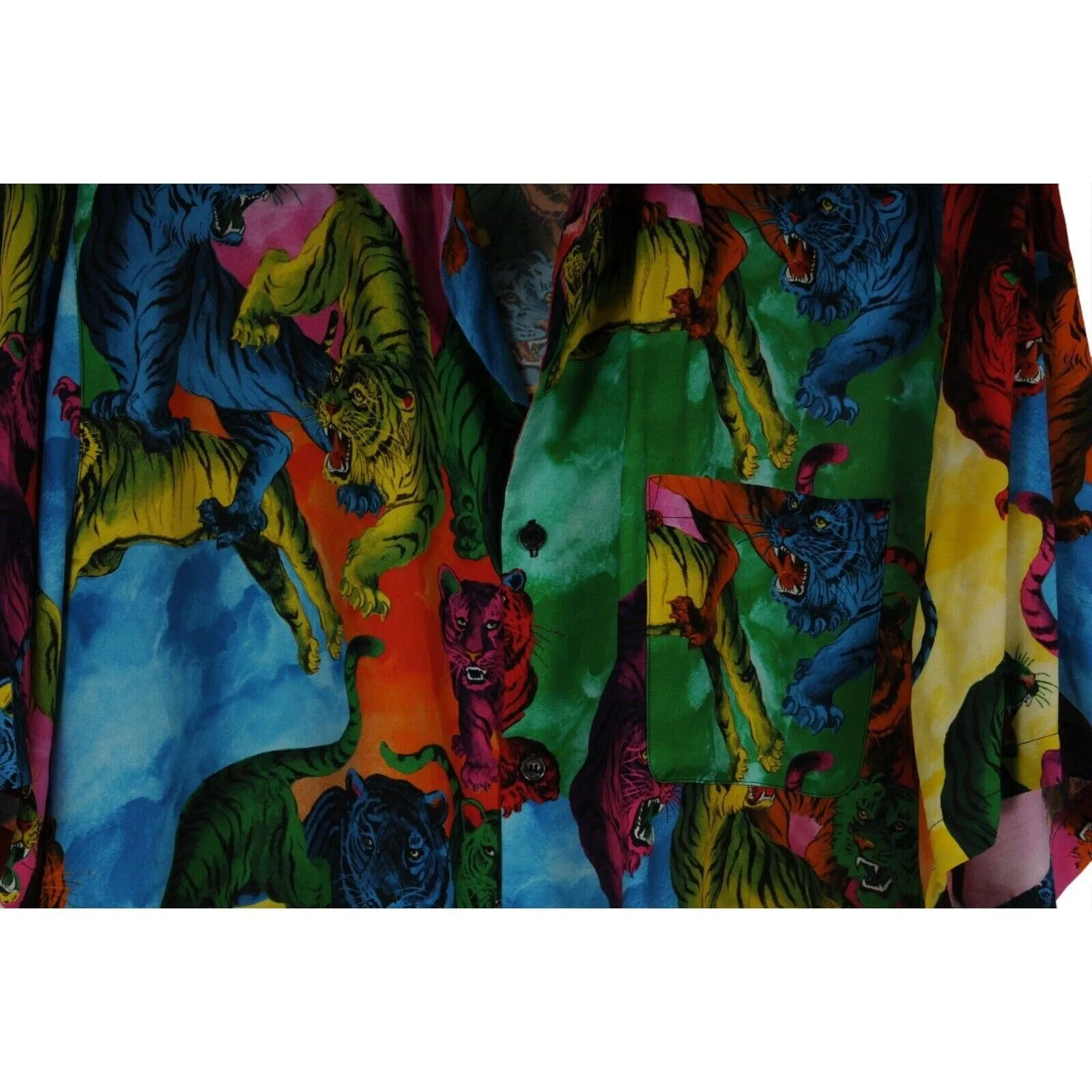 Tiger Cloud Button Down Shirt IT 54 Blue Red Green Viscose Bowling