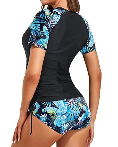 Two Piece Rash Guard Short Sleeve Swim Shirt Zipper UPF50  Swimsuit for Women