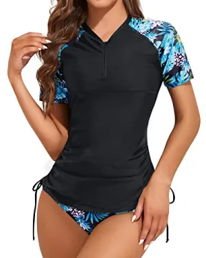 Two Piece Rash Guard Short Sleeve Swim Shirt Zipper UPF50  Swimsuit for Women