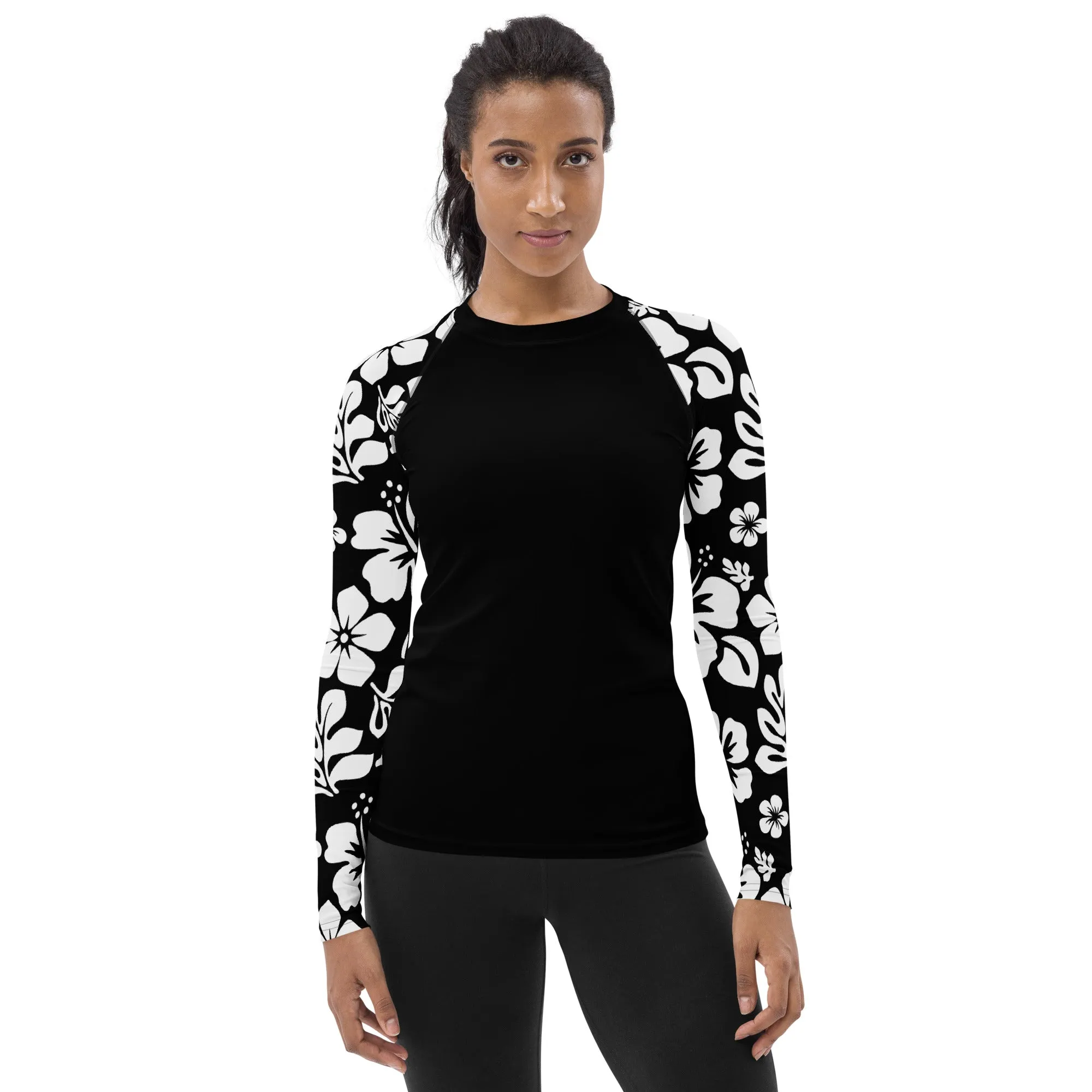 Women's Black Rash Guard with White and Black Hawaiian Print Sleeves