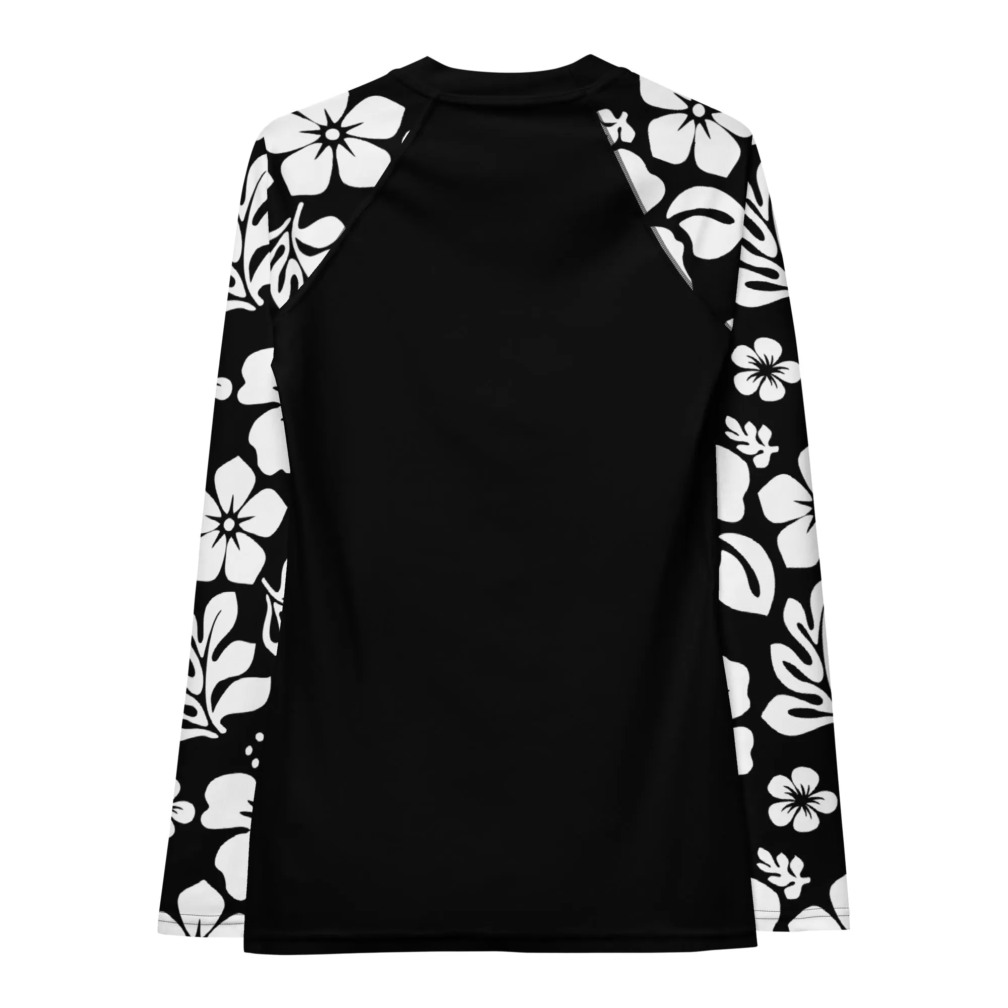 Women's Black Rash Guard with White and Black Hawaiian Print Sleeves