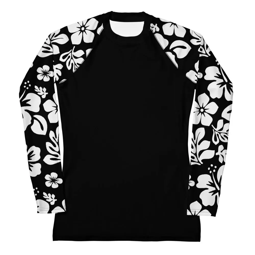 Women's Black Rash Guard with White and Black Hawaiian Print Sleeves