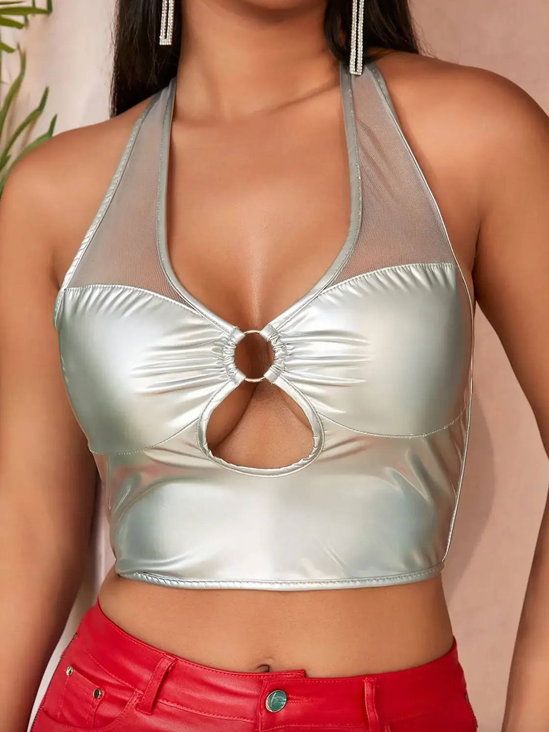 Women's Summer PU Leather Halter Lace Up Hang Neck Club-wear Corset Top