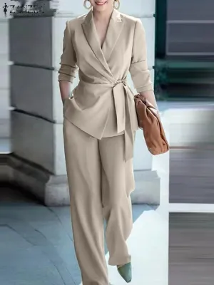 ZANZEA Office Matching Sets Blazer Tracksuits Long Sleeve Lapel Blouse & Wide Leg Pants