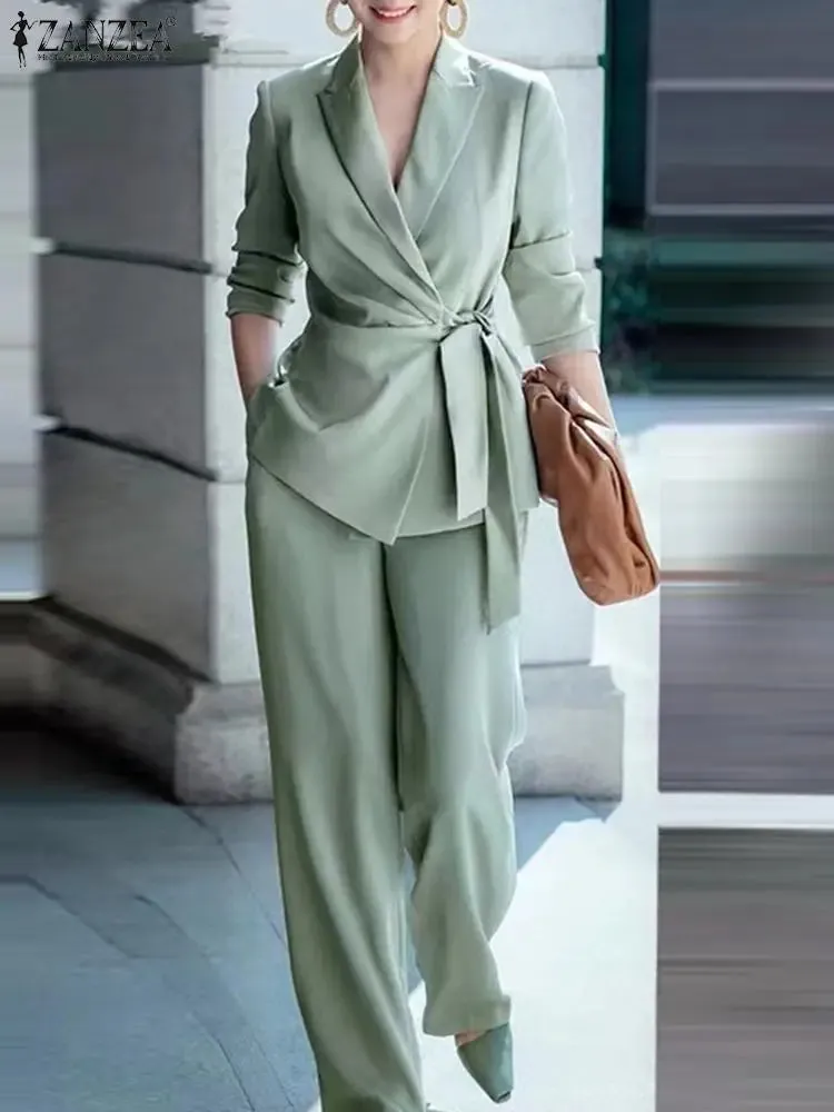 ZANZEA Office Matching Sets Blazer Tracksuits Long Sleeve Lapel Blouse & Wide Leg Pants