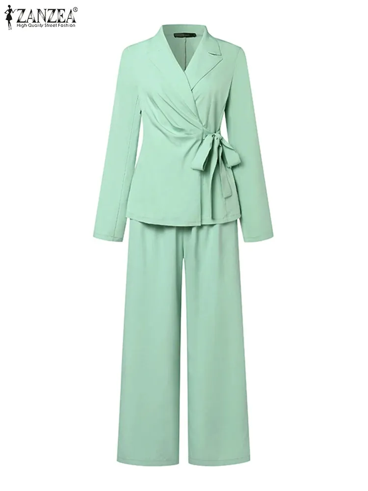 ZANZEA Office Matching Sets Blazer Tracksuits Long Sleeve Lapel Blouse & Wide Leg Pants