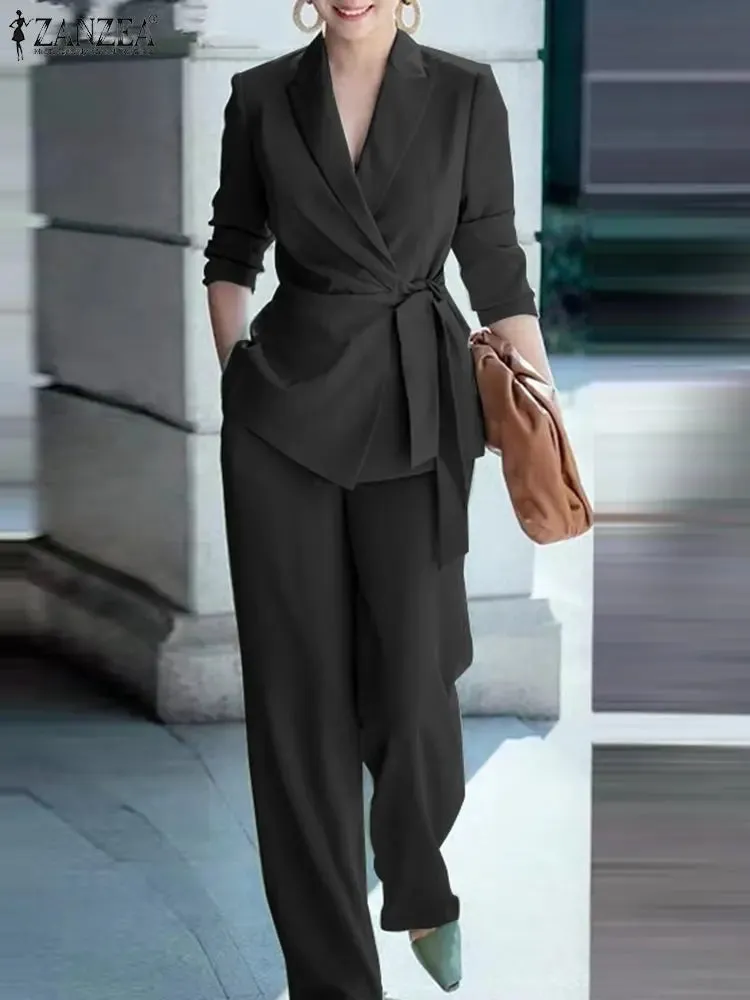 ZANZEA Office Matching Sets Blazer Tracksuits Long Sleeve Lapel Blouse & Wide Leg Pants