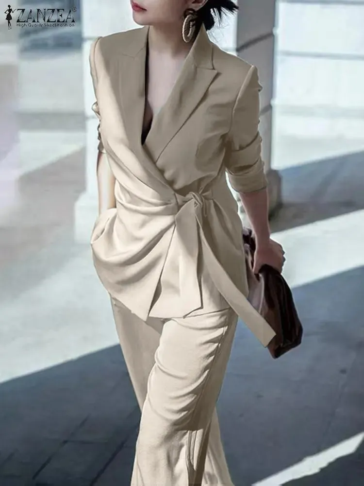 ZANZEA Office Matching Sets Blazer Tracksuits Long Sleeve Lapel Blouse & Wide Leg Pants